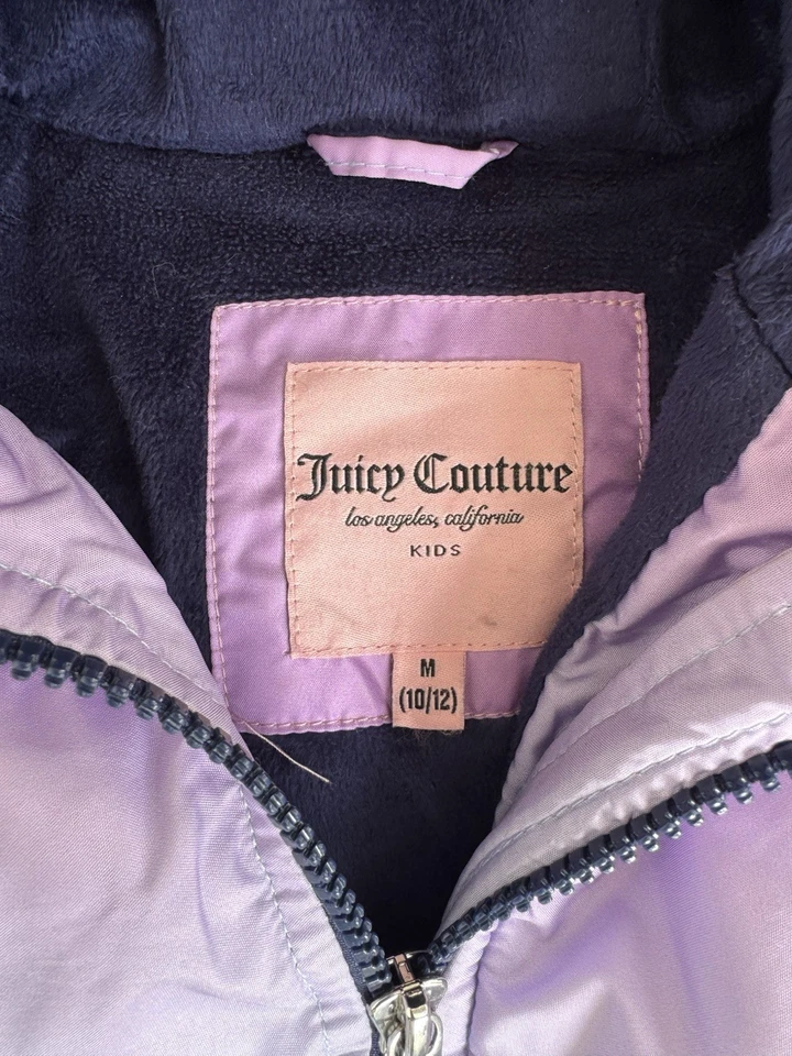 Chaqueta Juicy Couture Niñas M 10/12 Puffer Imitación Piel Capucha Púrpura Azul Forrada Ombré Foto 3 de 4