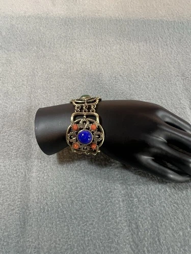 Vintage Gold-Tone Bracelet Multi Colored Faux Stone Costume Jewelry 6.5 Inches