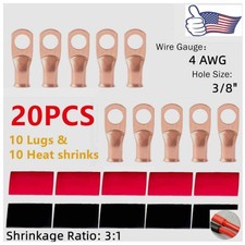  10 4 Gauge Copper Ring Terminals 3/8 BLACK/RED Heat Shrink Tubing LUGS US