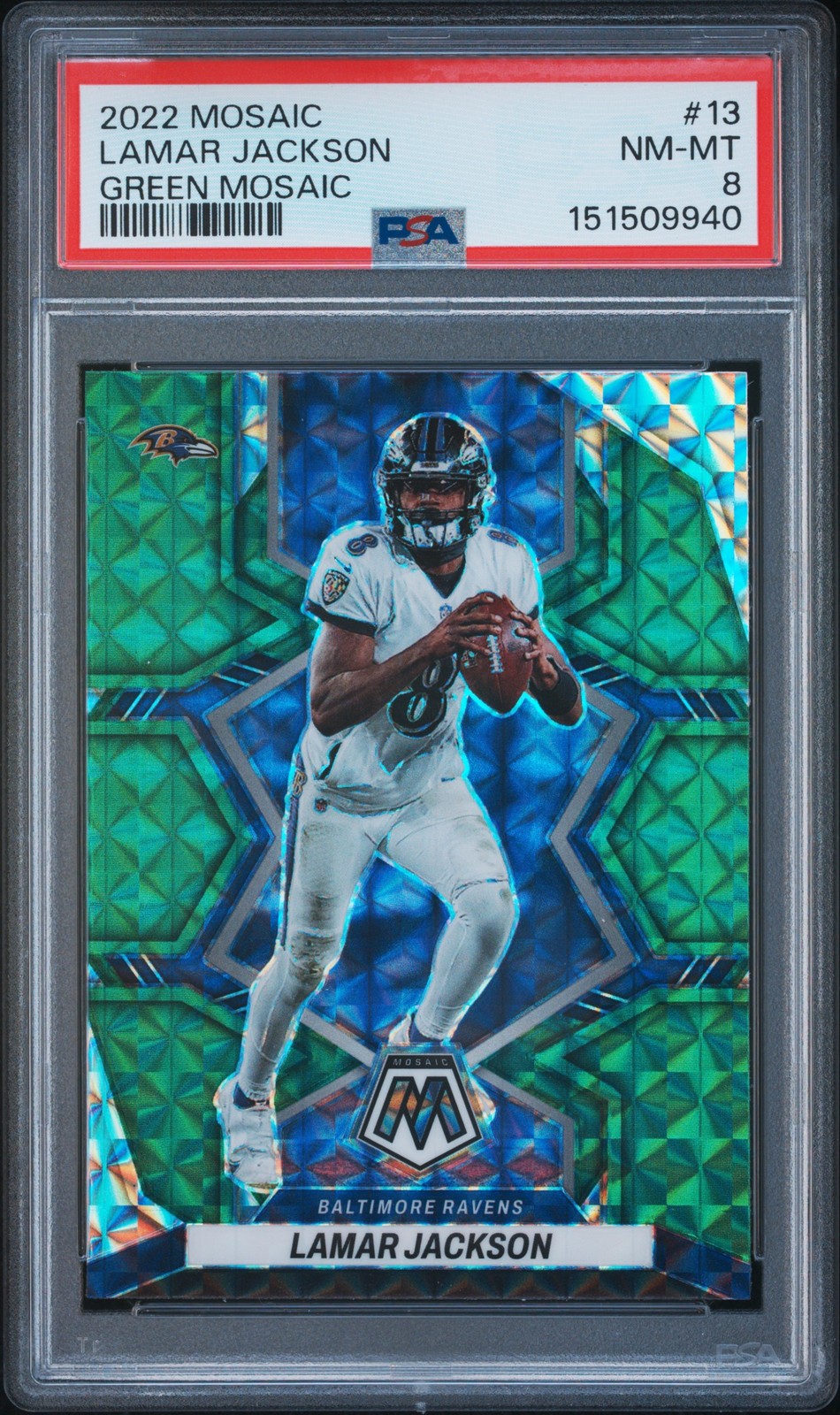 2022 PANINI MOSAIC GREEN MOSAIC #13 LAMAR JACKSON PSA 8
