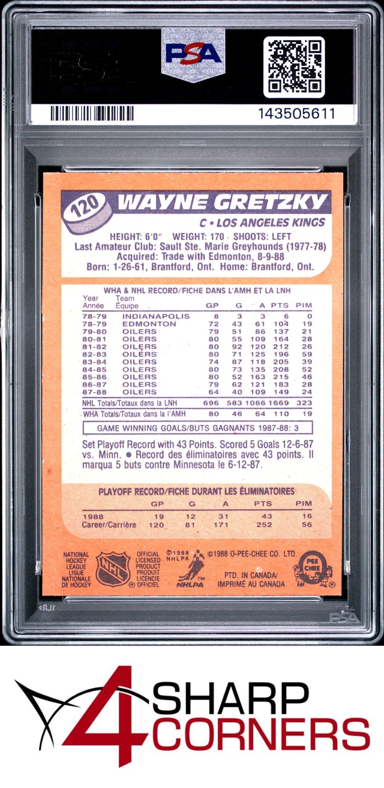 1988 O-PEE-CHEE #120 WAYNE GRETZKY KINGS HOF PSA 8 view 2