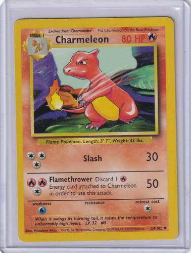 Pokemon Charmeleon Card 24/102 1995, 96, 98 Stage 1 With Card Protector