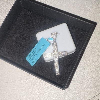 JAX Jewels 925 Sterling Silver Moissanite Cross Pendant Pavé 1.37 CTW Signed
