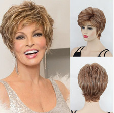 Short Layered Dark Auburn Brown Mix Synthetic Hair Wigs Women Soft Natural