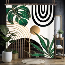 Abstract Emerald Green Shower Curtain Set 60Wx71H Inches Mid Century Minimali...