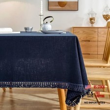 Linen Tablecloth Table Cloth Stitching Tassel Rectangle 55 x 70 Inch Navy Blue