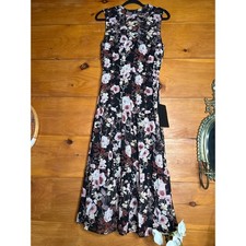 NWT Lulus In My Dreams Black and Pink Floral Print Midi Dress Tiered Cruise Sz L