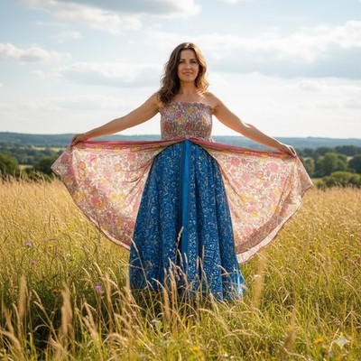 Multicolor Floral Layered Womens Silk Sari Summer Dress Smocked Long Skirt Dress