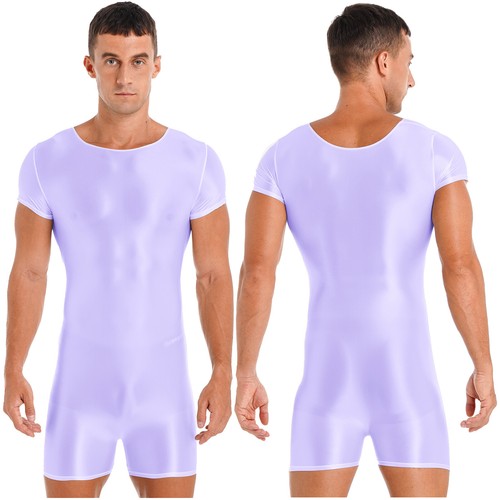 Mens Glossy Bodysuit Short Sleeve Boxer Jumpsuit Gym Sport Leotard Dance Unitard - Picture 50 of 114