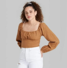 Wild Fable Bustier Crop Top Womens M Brown Long Puff Sleeve Bustier Top A1005