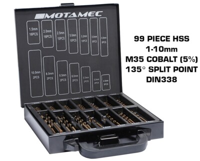 Motamec 99 Piece Cobalt M35 HSS Drill Bits Set 1-10mm Bit High Quality DIN 338 