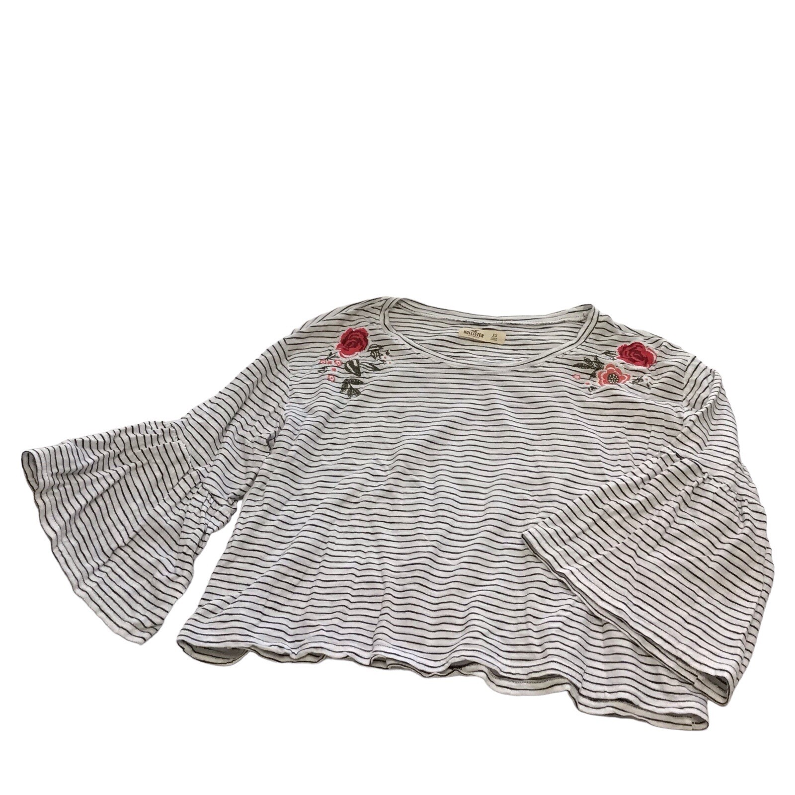 Hollister Stripe Floral Applique Crop Top Long Sleeve Tee TShirt Junior Size XS