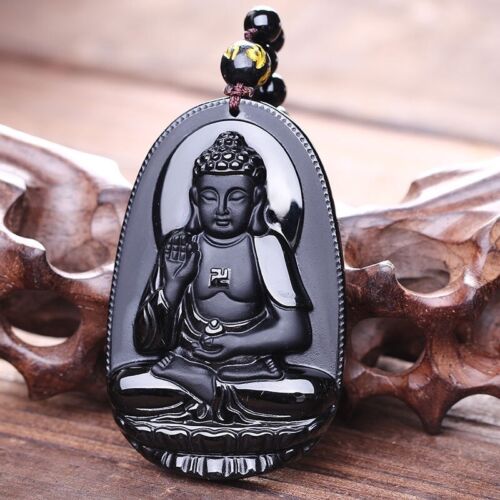 Collier porte-bonheur Bouddha pierre naturelle obsidienne et perles - Picture 1 of 10