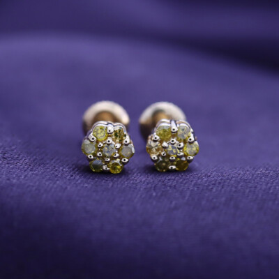 Mens Ladies Round Canary Diamond Flower Cluster Studs Earrings