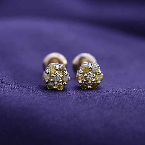 Mens Ladies Round Canary Diamond Flower Cluster Studs Earrings 10k Yellow Gold