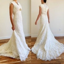 BHLDN Couture Designer A-Line Lace Guipure Button Train Wedding Dress Gown 0/2