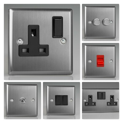 Varilight Classic gebürsteter Stahl XTB Lichtschalter Steckdose Dimmer Kipp Herd TV