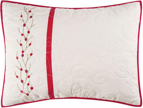FALEZA DE ALMOHADA ESTÁNDAR CORONA DE BAYAS: CUBIERTA ROJA BLANCA BORDADA NAVIDAD - Imagen 1 de 2