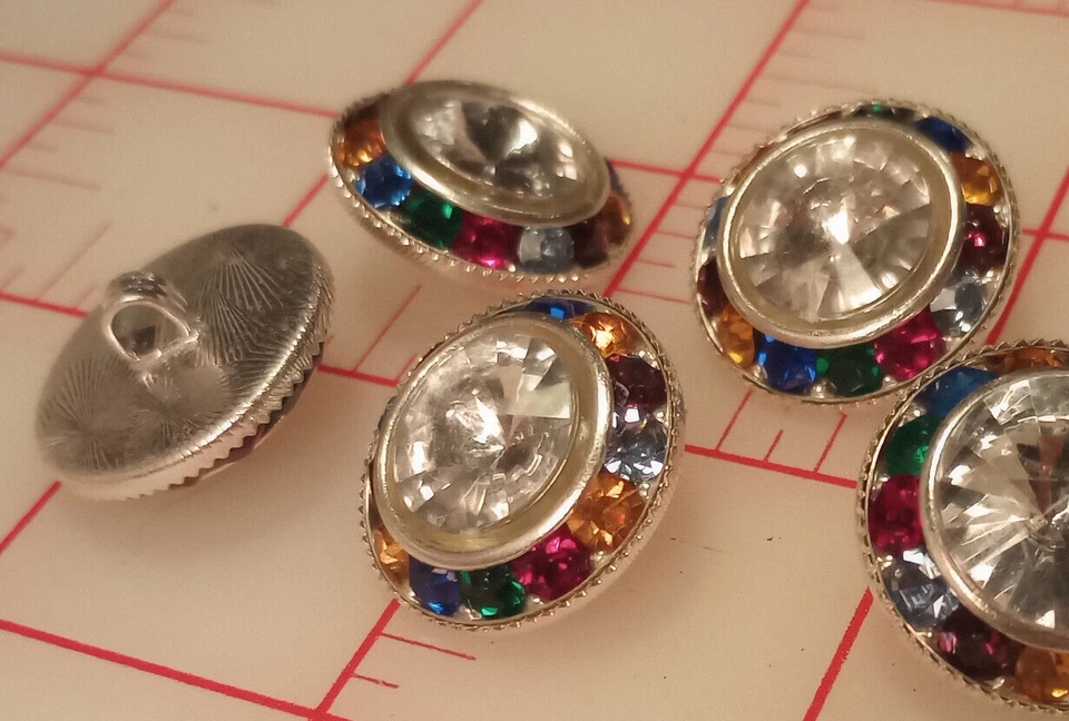 5 Multi Colored Rainbow Rhinestone Shank Buttons Crystal Clear Acrylic 7/8" 22mm - Image 3 of 4