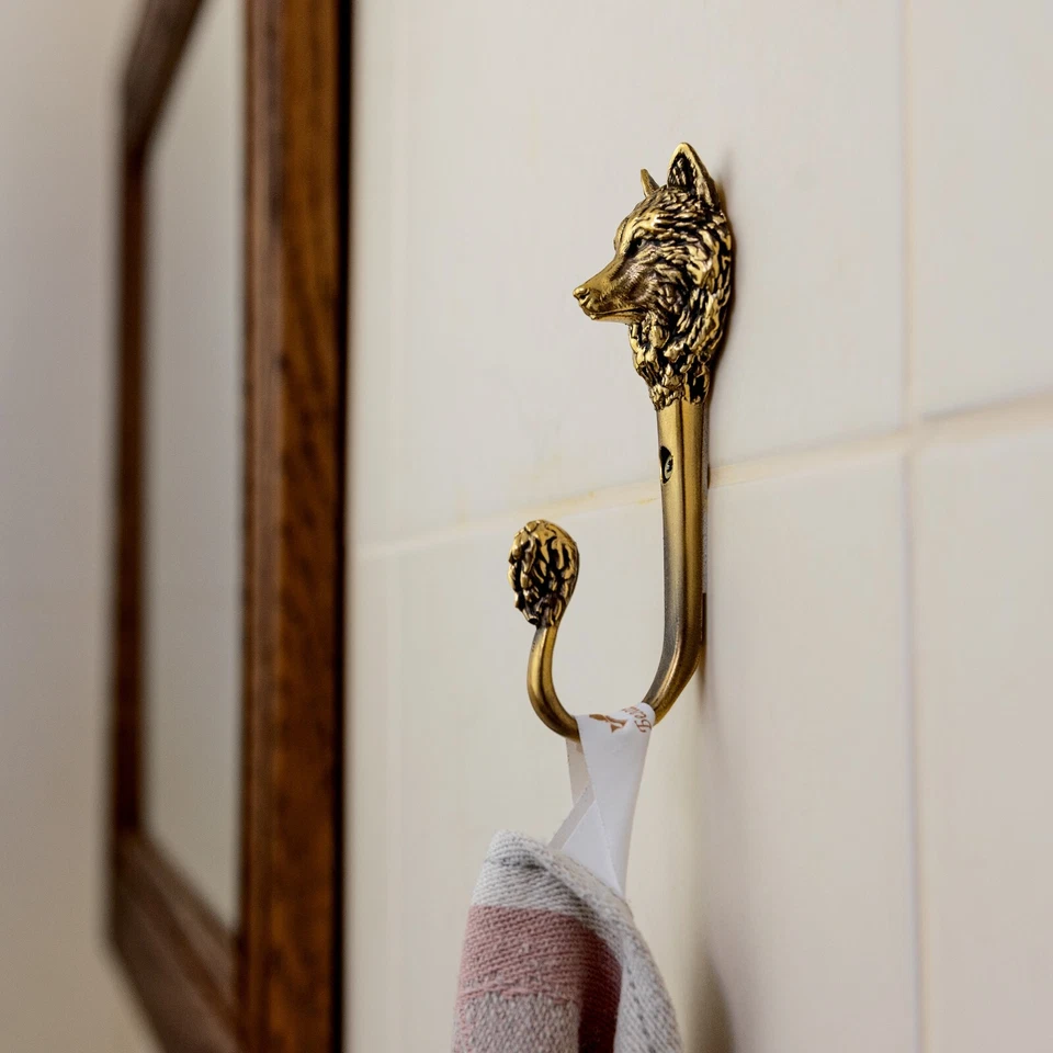Ganchos decorativos, gancho cabeza lobo latón, gancho ropa, regalo Foto 2 de 4