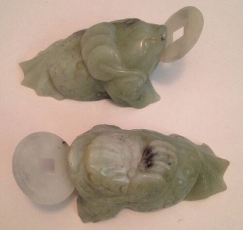 Pair of Chinese Hardstone/Jade Fish w/ Coins Statues/figures - Antique/vintage - Picture 1 of 8