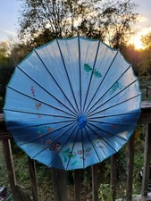 Vtg Asian Blue Parasol Hand Painted Umbrella 20" Bamboo Handle