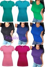 Women Round Neck Short Sleeve Solid Basic Slim Fit Casual Stretchy Tee Shirt Top