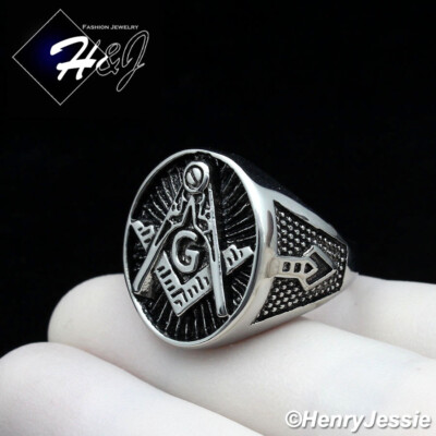 #ad MEN Stainless Steel Silver Black Plated MASONIC Master Mason Oval Ring*R124 $16.99