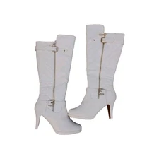 Womens Top Moda Knee High Quilted Boot W/ Buckle & Zip Accent Heel White Size 8 