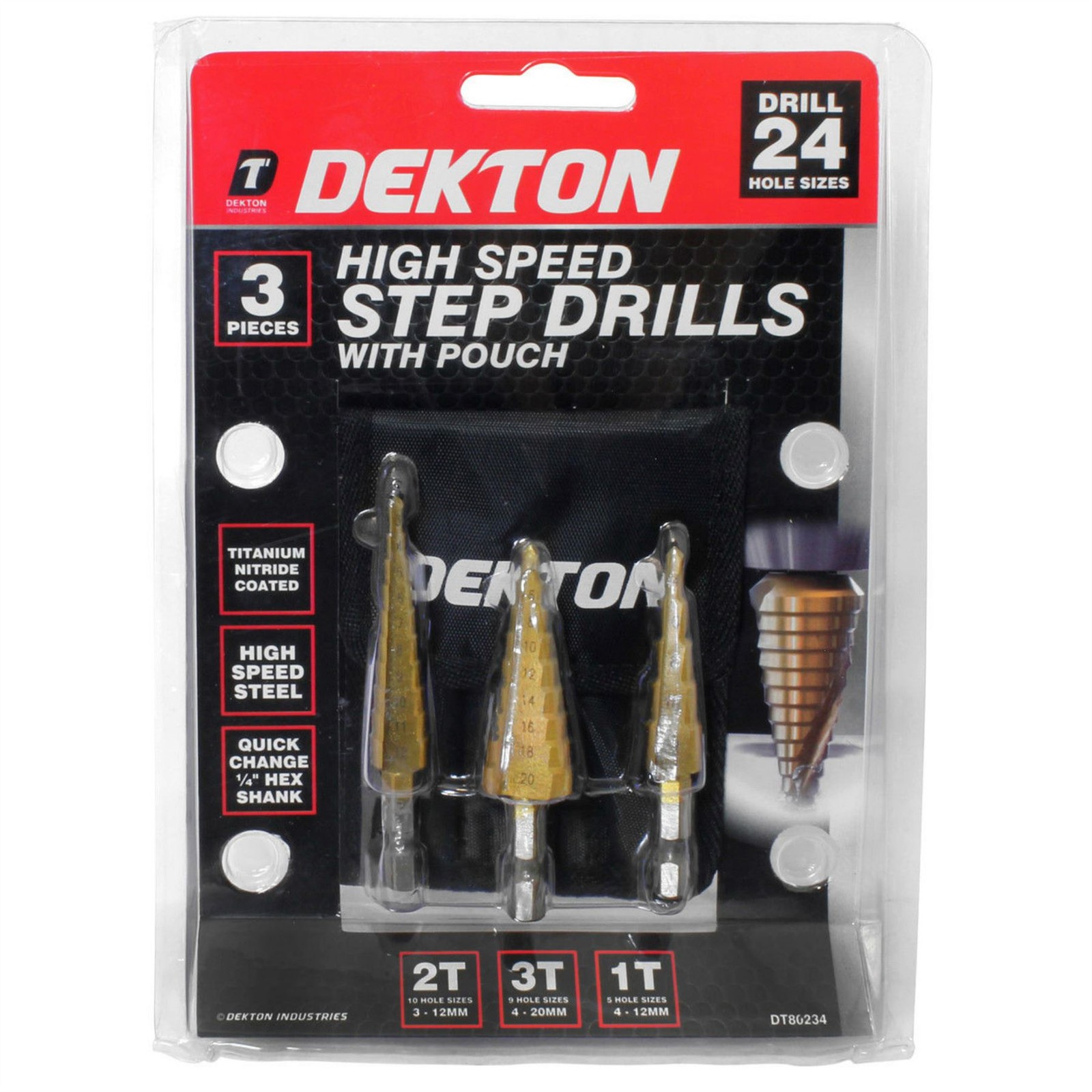 Dekton 3pc Large Hss Step Cone Drill Titanium Bit Set Hole Cutter Storage Pouch