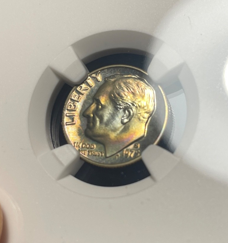 (#101717) Roosevelt Dime:  1975 S  NGC PF 67  Rainbow toning!    (see video!)