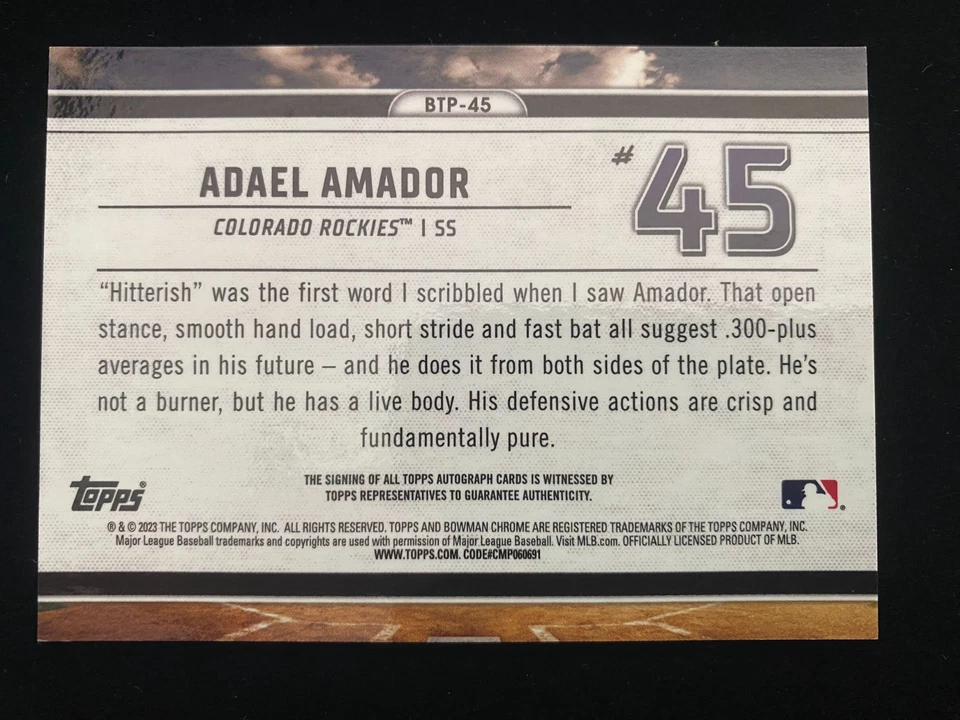 2023 Bowman Chrome Scouts Top 100 ADAEL AMADOR GOLD REFRACTOR AUTO #2/50 Rockies - Image 2 of 3