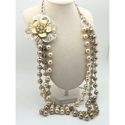 Mixed Metal Statement Floral Necklace   Multi-Strand Faux Pearl & Crystal 34''