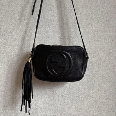 Auth GUCCI Soho Disco Bag Black Pebbled Leather Shoulder Camera Tassel #3247