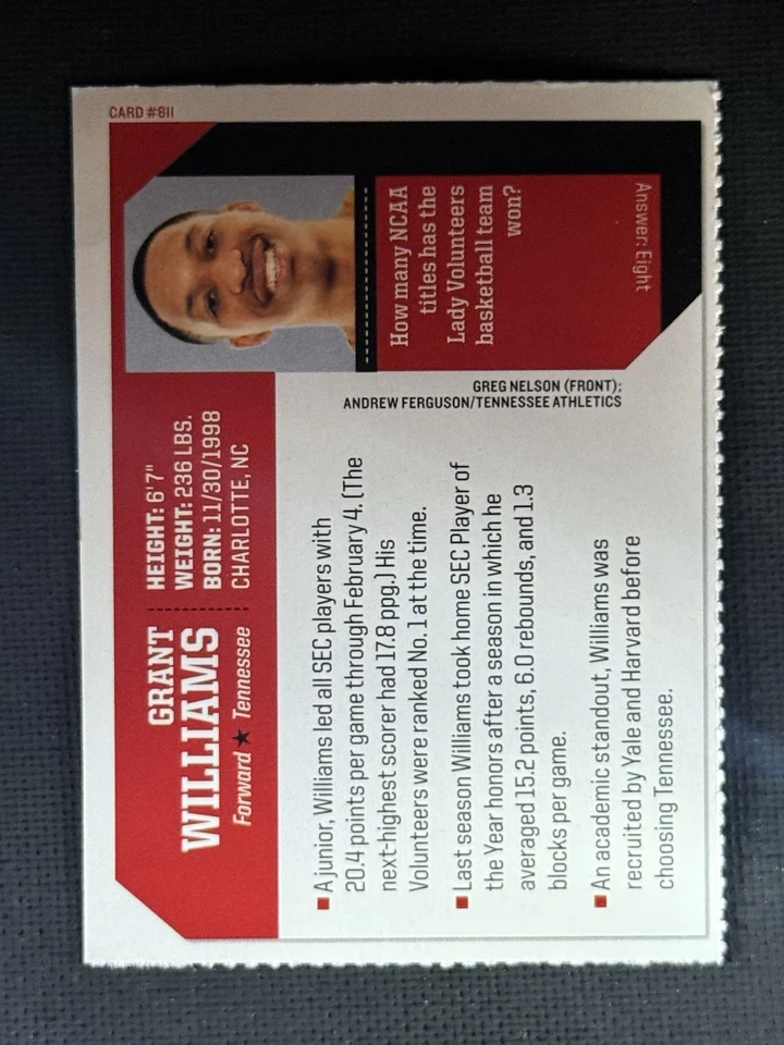 2019 Sports Illustrated SI For Kids Grant Williams #811 Tennessee Basketball - Image 2 of 2