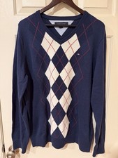 Tommy Hilfiger Men's Pullover V-neck Navy Blue 100 Cotton Sweater XL Pre-owned