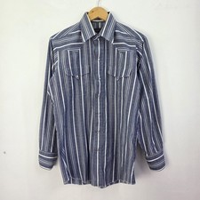 Vintage Panhandle Slim Western Shirt Mens Medium Blue Striped Snap Button Retro