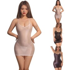 Stretch Glossy Sheer Dress with See Through Back and Oily Shine for Women