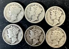Lot of 6 Mercury Dimes, Silver: 1917-S; 1919-D; 1920-D; 1929-S; 1930; 1945-S.