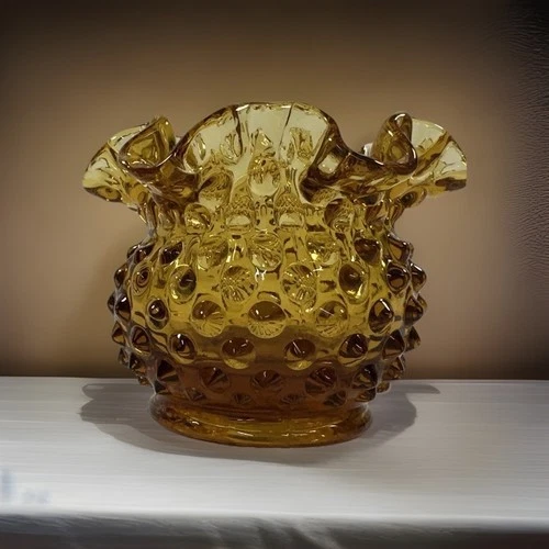 MCM Fenton Amber Hobnail Ruffled Glass Vase Amber Autumn Gold 3"Tall Vintage