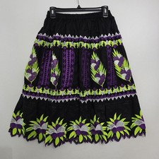 Boho Pohnpeian Handmade Embroidered Cotton Micronesian Midi Skirt Black Sz L