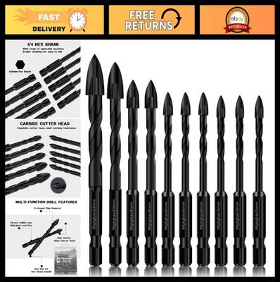 10PC Masonry Drill Bit Set - Tungsten Carbide for Concrete, Brick, Tile & Wood