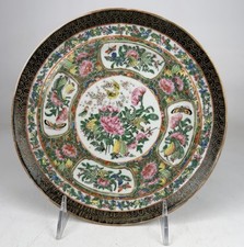 Antique 8  Rare Black Rim Chinese Qing Dynasty Rose Medallion Plate Platter