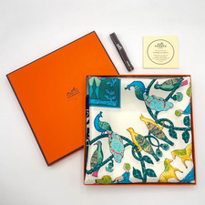 Auth Hermes Carré 90 EARLY AMERICA Blue x Multicolor Silk Scarf W/Box BA040095