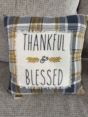 Devi Designs Thankful & Blessed Embroidered Fall Decor Pillow Plaid Gray Yellow