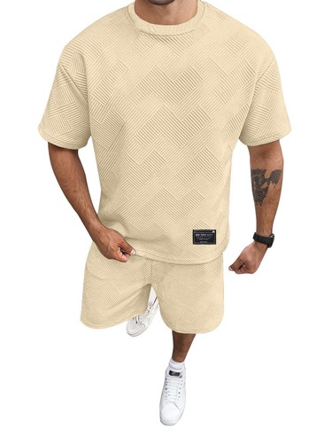 Set t-shirt e pantaloncini uomo tinta unita dettagli testurizzati NUOVI - Foto 14 di 14