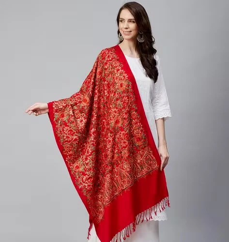 Mantón de Lana Pashmina Rojo Paisley Cortado a Mano Kani Calidad Blanco Jamavar Estola India Foto 3 de 4