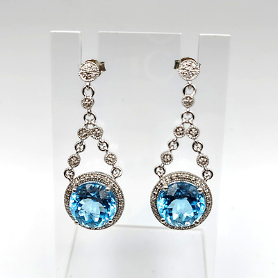 ISP Sterling Silver 925 Blue Topaz Pave Diamond Statement Dangle Earrings