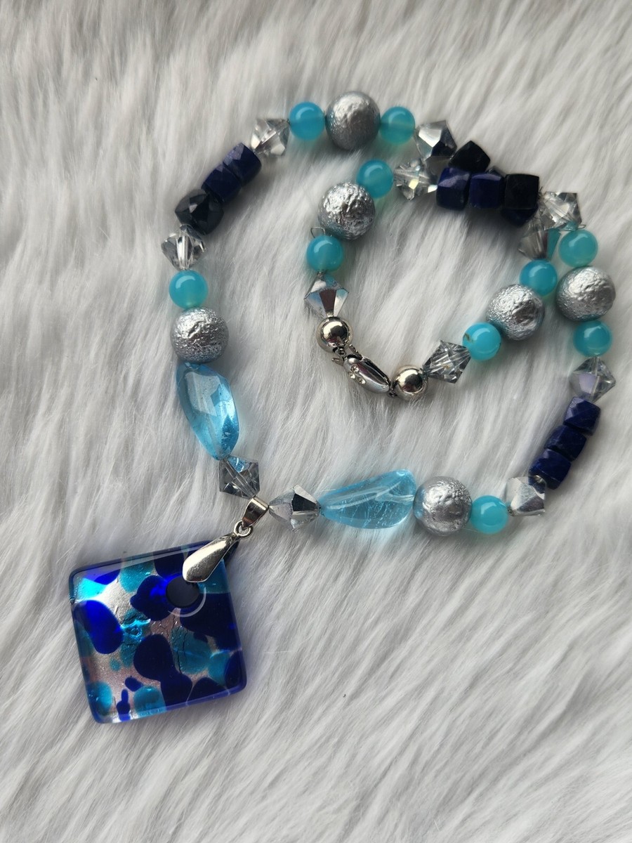 Vintage Signed Blue Murano Glass Pendant Beaded Chain Necklace  View 4