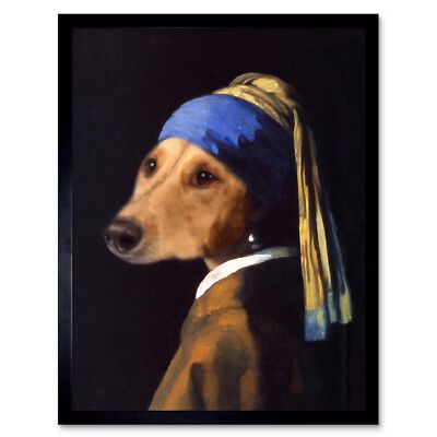 Vermeer das Mädchen Perlenohrring Hundegesicht Attrappe 12 x 16 Zoll gerahmter Kunstdruck